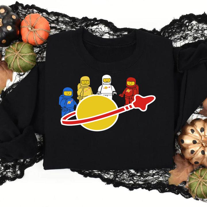 Blue yellow white and red Lego spaceman t-shirt sweatshirt