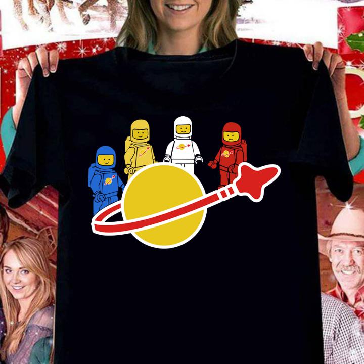 Blue yellow white and red Lego spaceman t-shirt woman shirt
